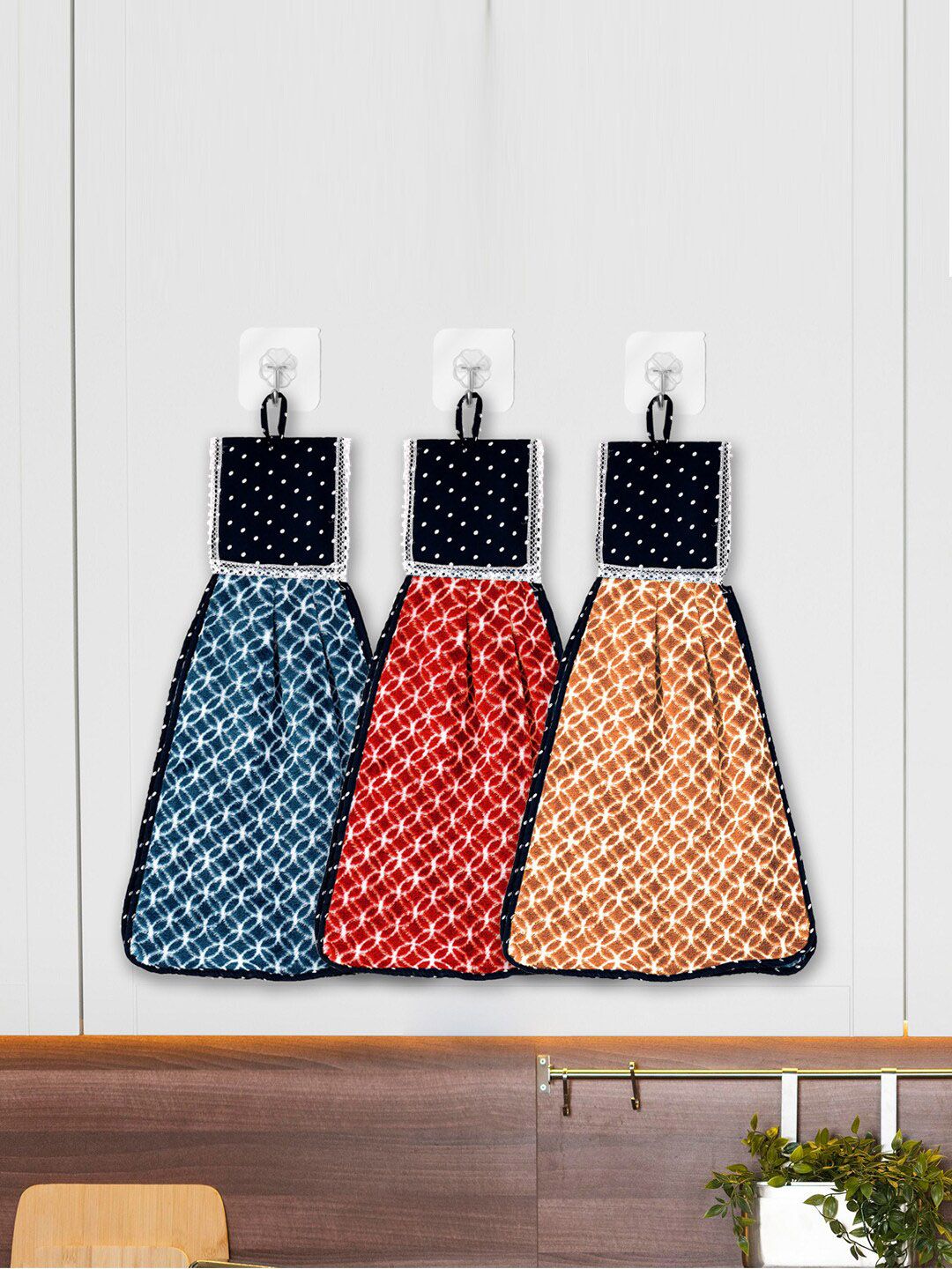Kuber Industries Blue & Red 3 Pieces Printed Cotton 120 GSM Hanging Kitchen Hand Towels