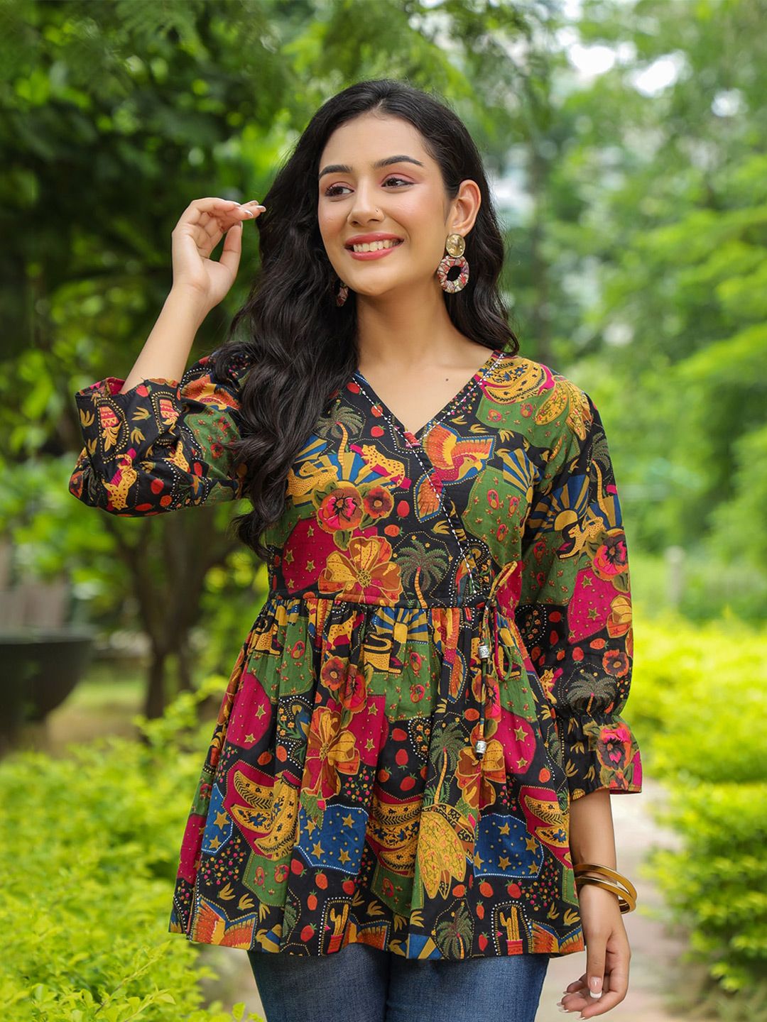 Rain & Rainbow Floral Printed Bell Sleeve Cotton Empire Top Price in India