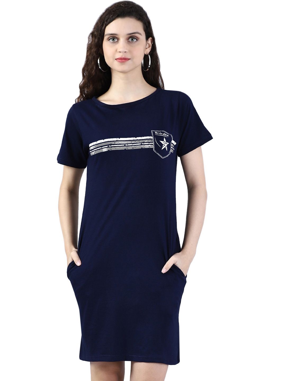 Next One Women Navy Blue Typography Extended Sleeves Pockets T-shirt Price in India