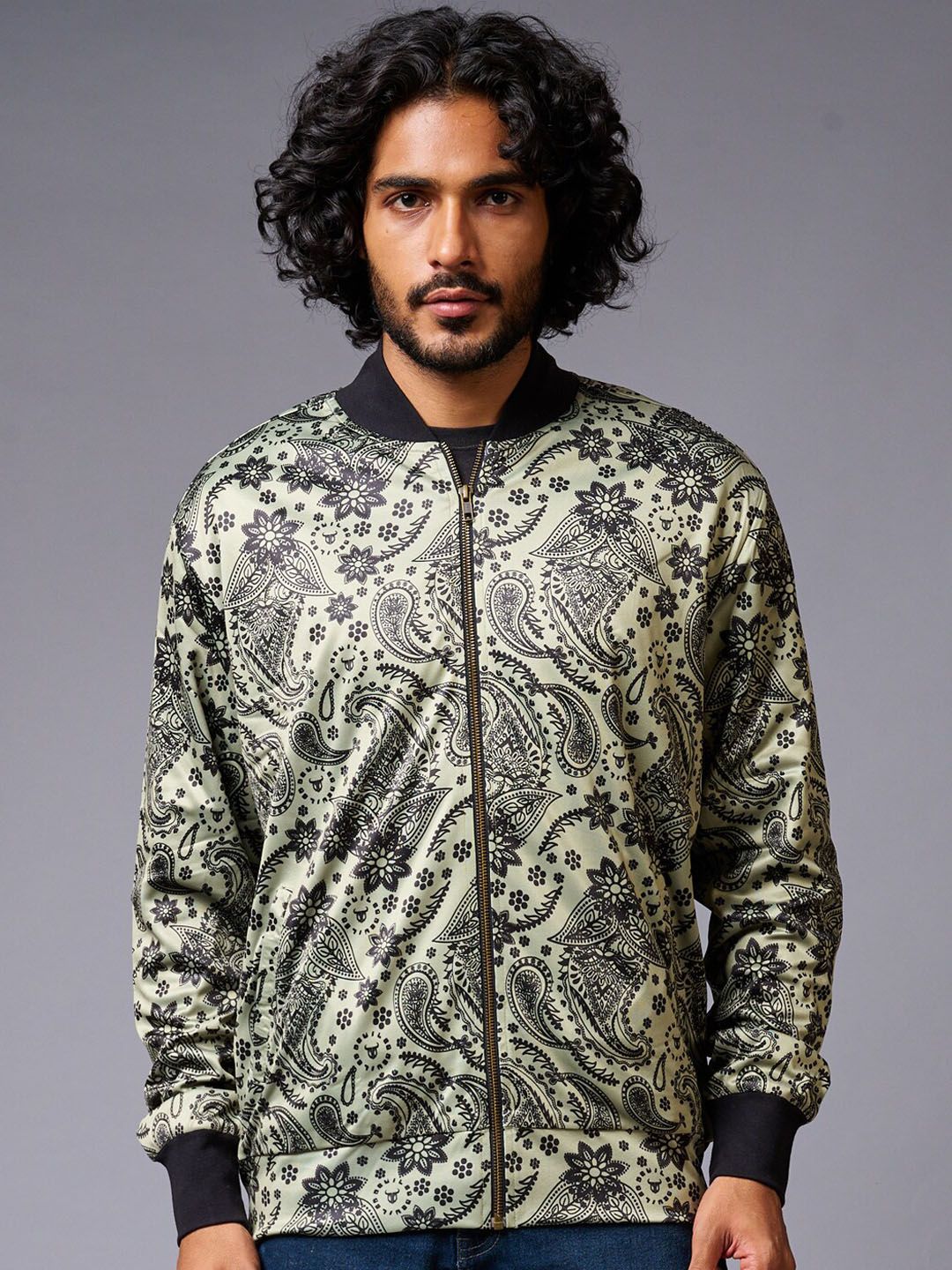 GO DEVIL Floral Printed Stand Collar Long Sleeve Bomber Jacket