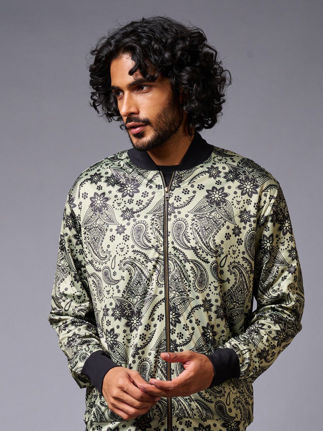 GO DEVIL Floral Printed Stand Collar Long Sleeve Bomber Jacket