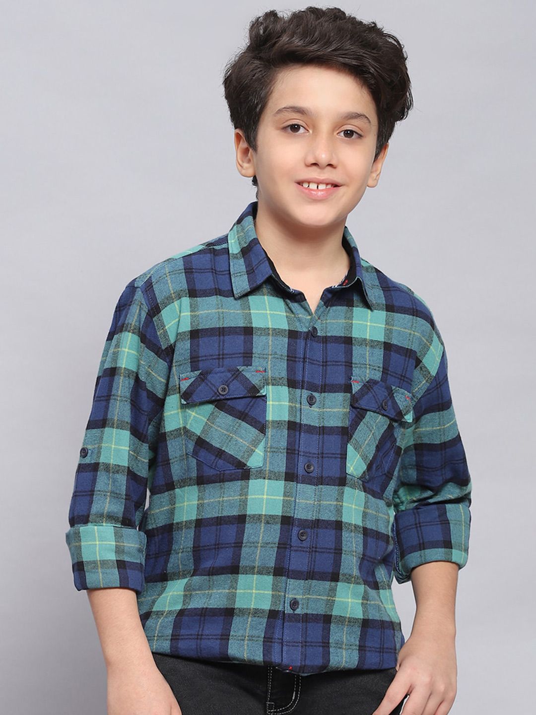 Monte Carlo Boys Classic Slim Fit Tartan Checks Roll-Up Sleeves Pure Cotton Casual Shirt