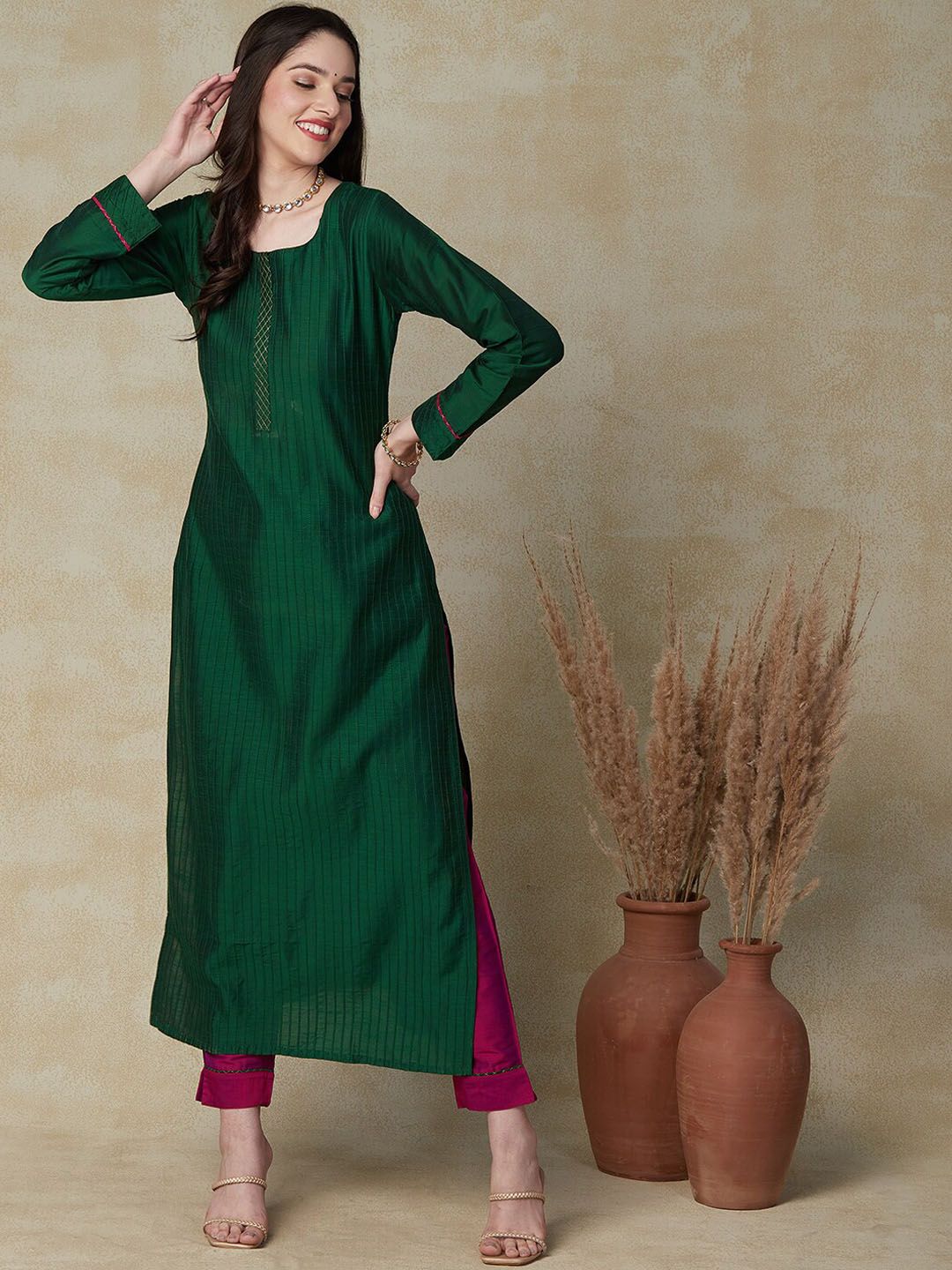 FASHOR Round Neck Straight Kurta with Trousers Price in India