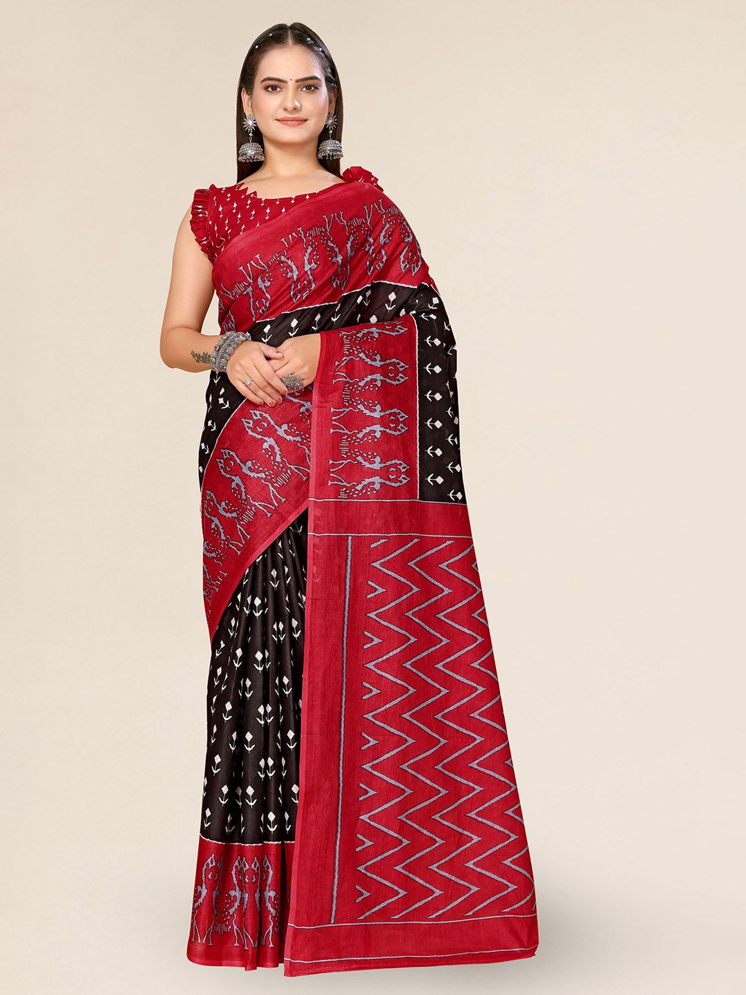 DIVASTRI Black & Red Floral Kota Saree Price in India