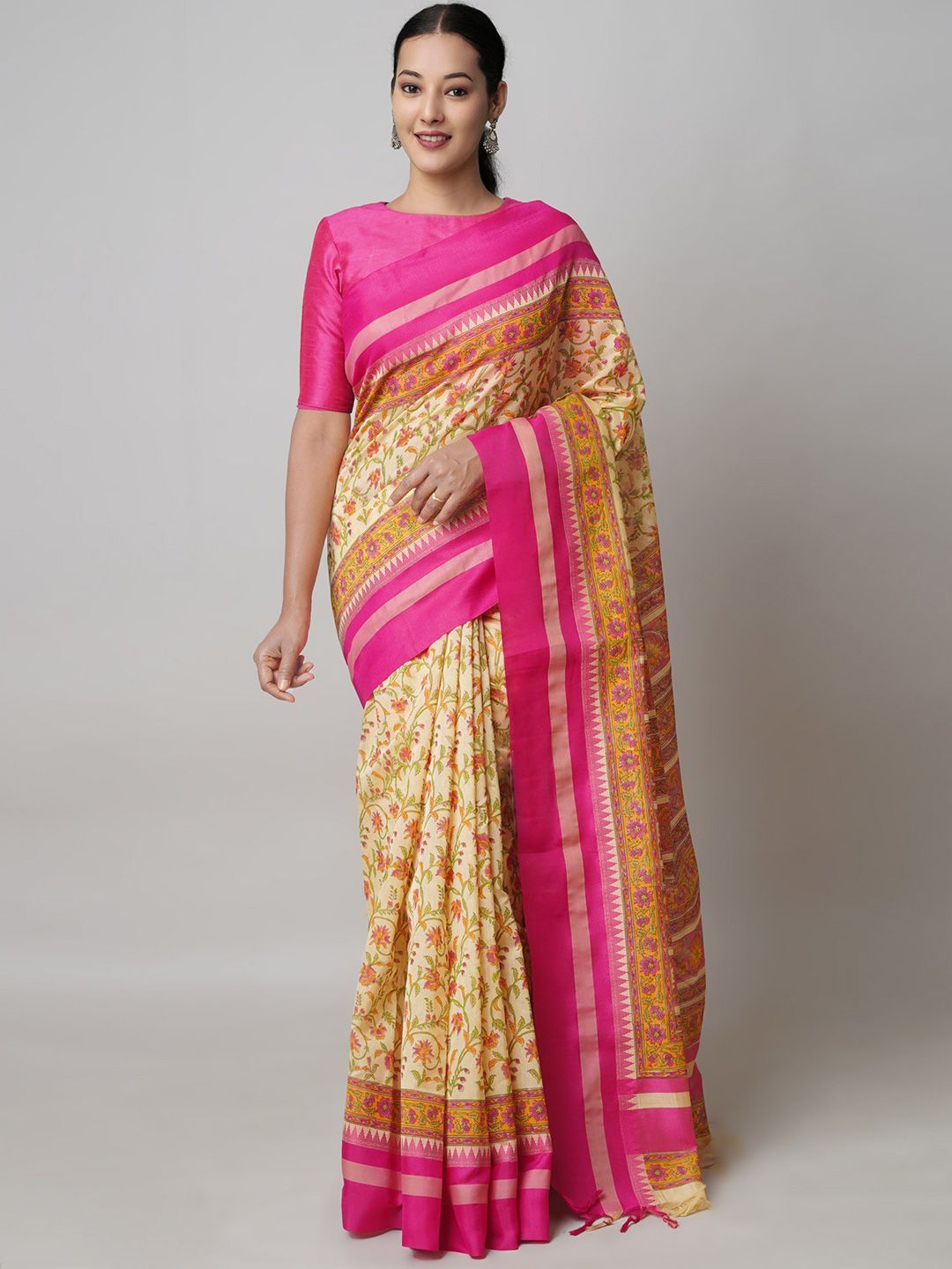 Unnati Silks Floral Printed Silk Cotton Chanderi Saree Price in India