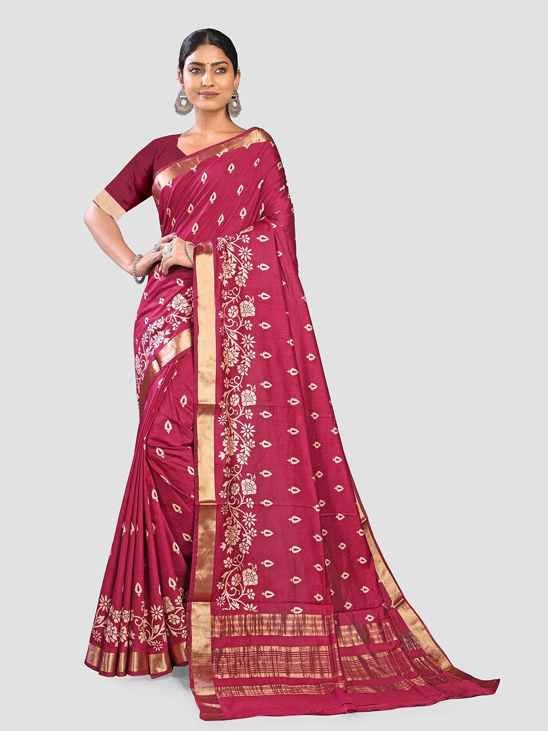 KAJREE Red & White Floral Zari Silk Cotton Block Print Saree Price in India