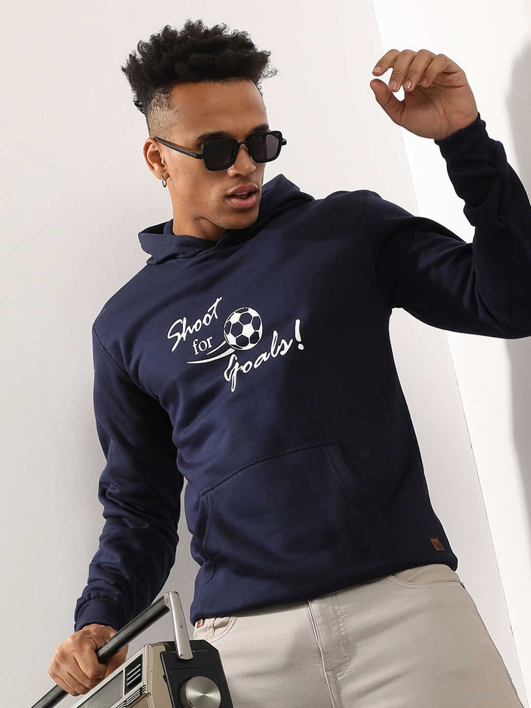 CAHOOT Navy Blue Typography Printed Hooded Cotton Sweatshirt
