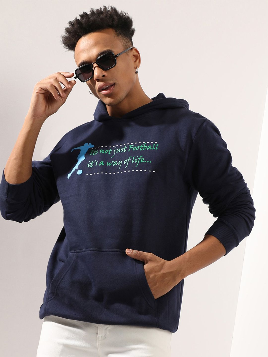 CAHOOT Navy Blue Typography Printed Hooded Cotton Sweatshirt