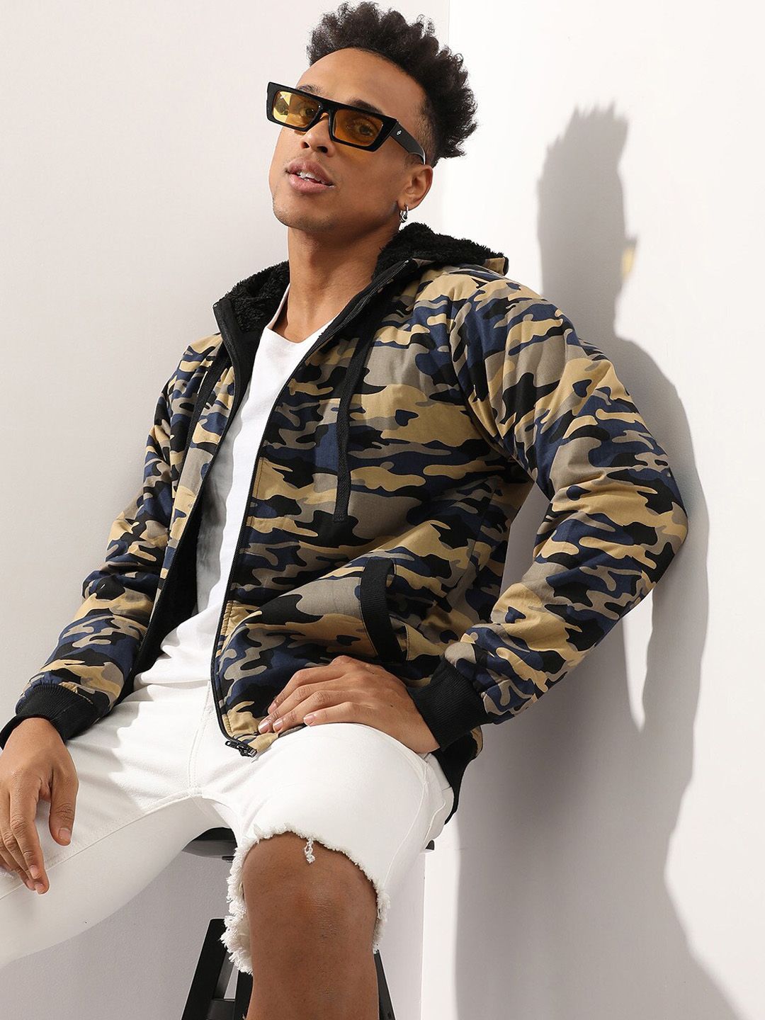 CAHOOT Men Navy Blue Camouflage Windcheater Outdoor Bomber with Patchwork Jacket