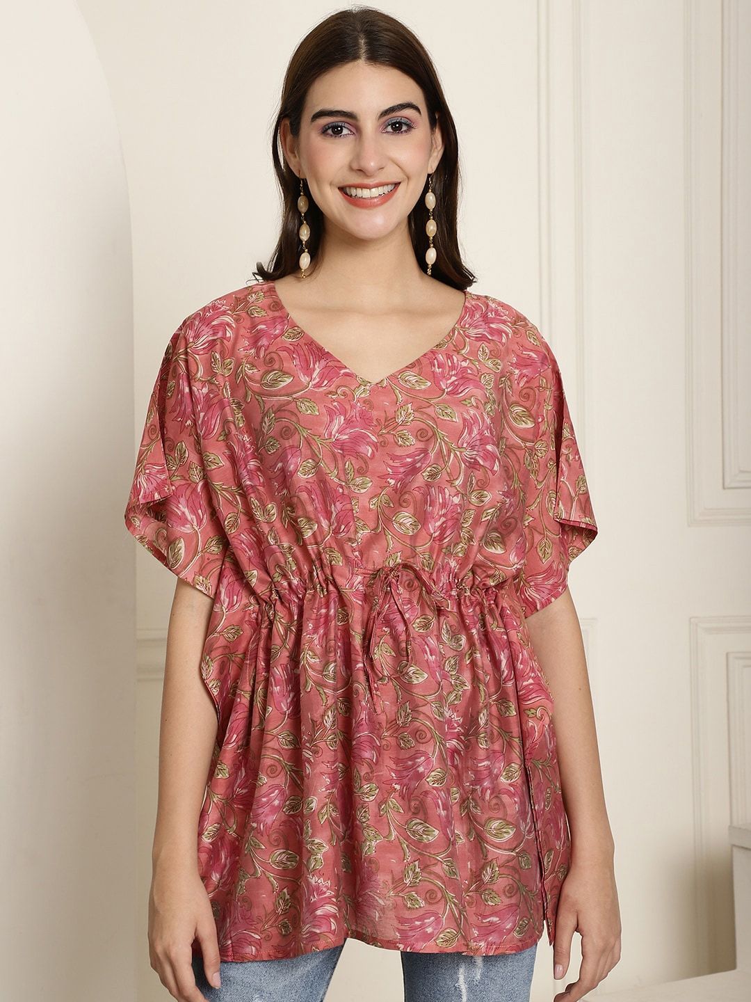 KALINI Pink Floral Print Extended Sleeves Pure Silk Kaftan Longline Top Price in India