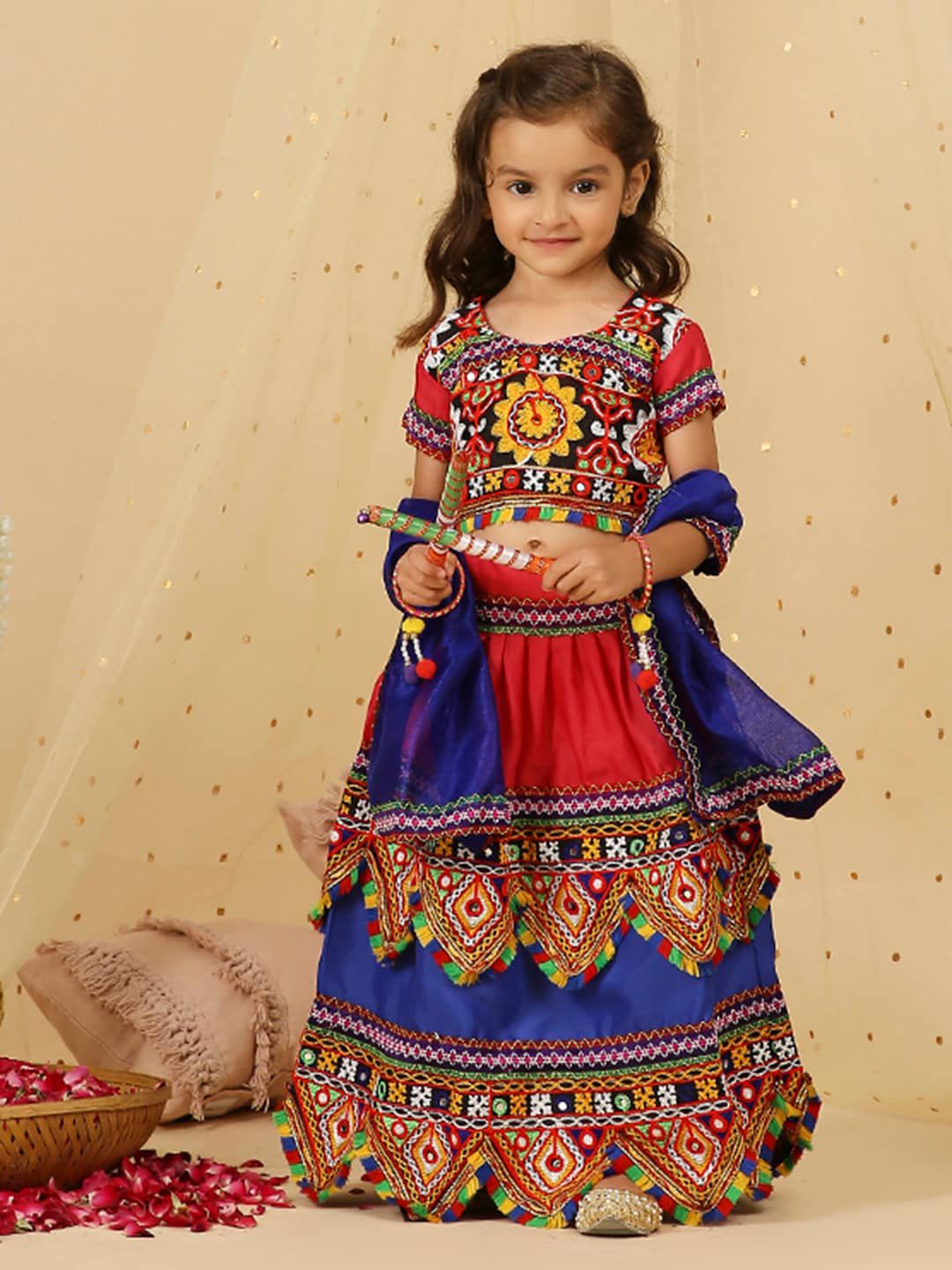 KID1 Girls Pink & Blue Embroidered Thread Work Ready to Wear Lehenga & Blouse With Dupatta Price in India