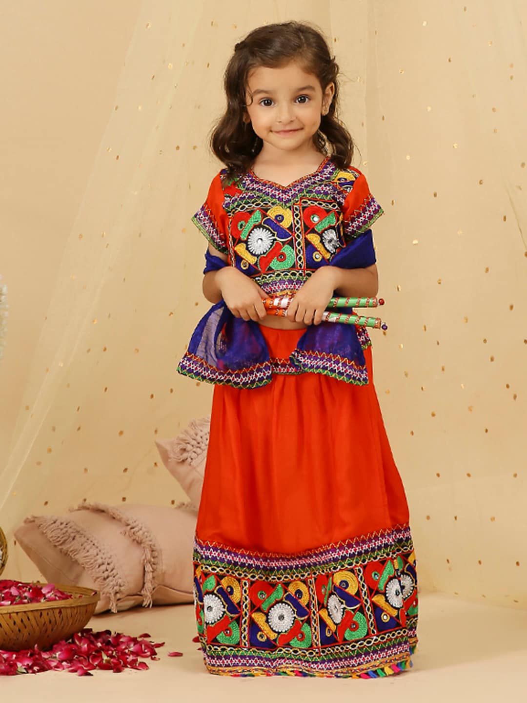 KID1 Girls Orange & Blue Embroidered Thread Work Ready to Wear Lehenga & Blouse With Dupatta Price in India