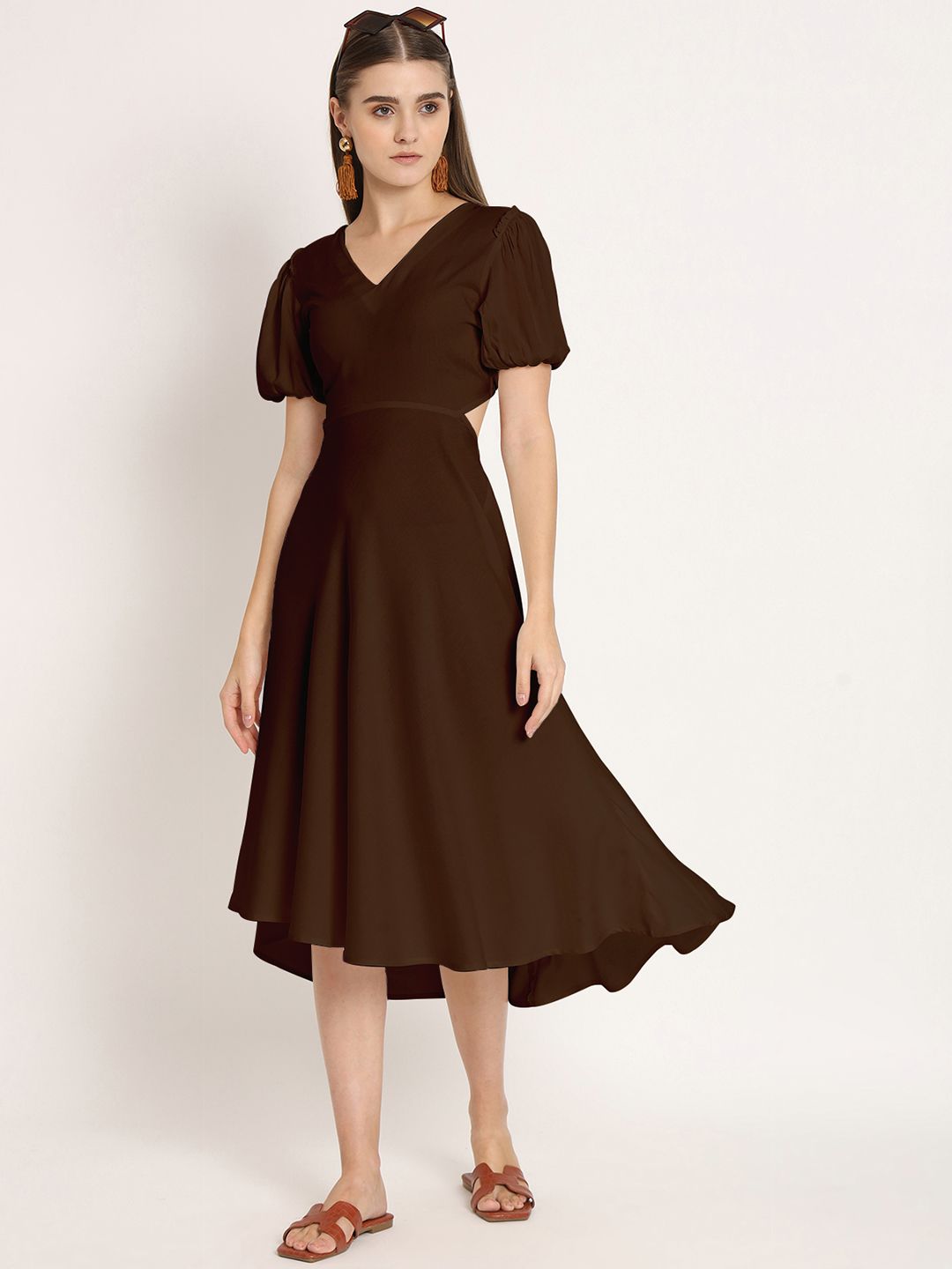 Buy Moomaya Puff Sleeves Fit & Flare Styled Back Midi Dress - Dresses for  Women 25351816 | Myntra