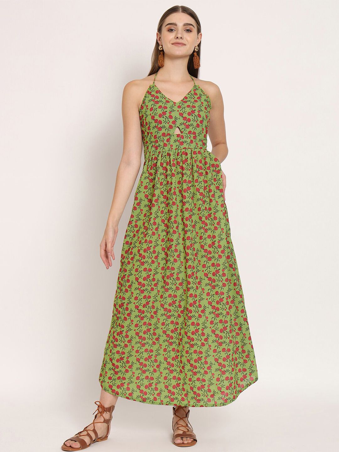 Moomaya Floral Printed Halter Neck Maxi Georgette Dress Price in India