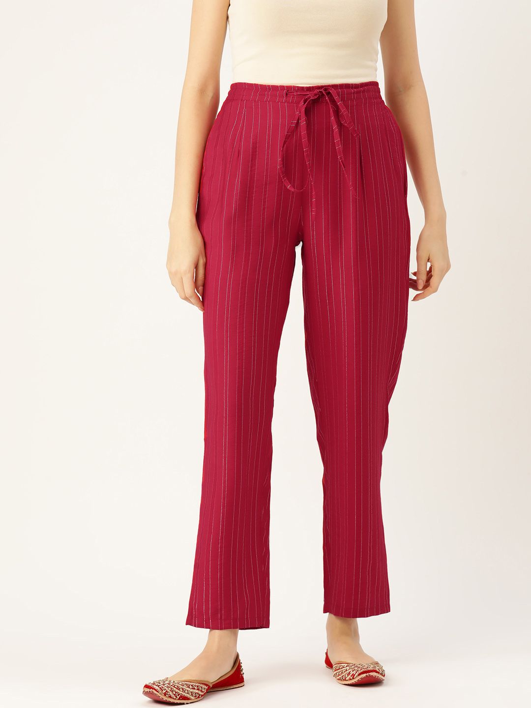 Rue Collection Women Striped Smart Straight Fit Cotton Trousers Price in India