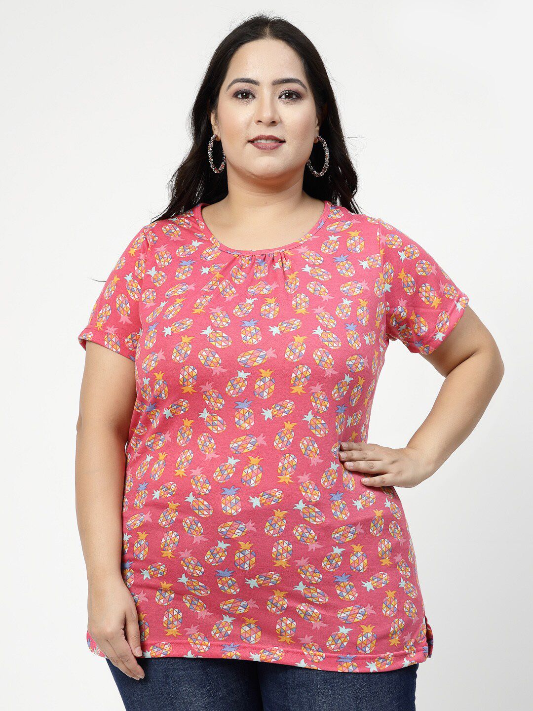 plusS Plus Size Pink Conversational Printed Cotton T-shirt Price in India