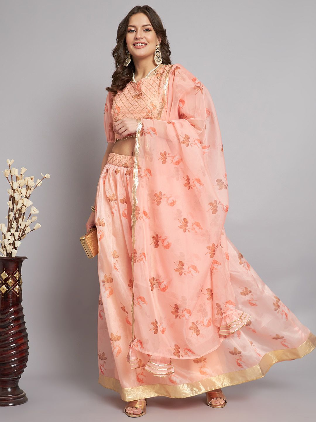 KALINI Peach-Coloured & Gold-Toned Printed Ready to Wear Lehenga & Blouse With Dupatta