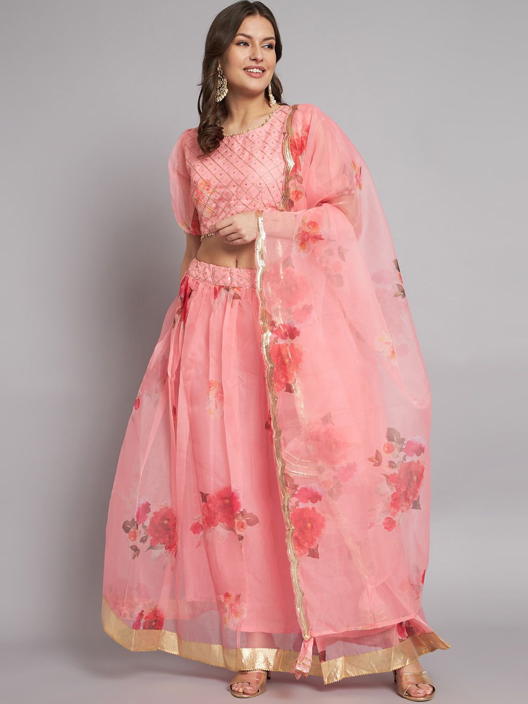 KALINI Pink & Red Embroidered Ready to Wear Lehenga & Blouse With Dupatta Price in India