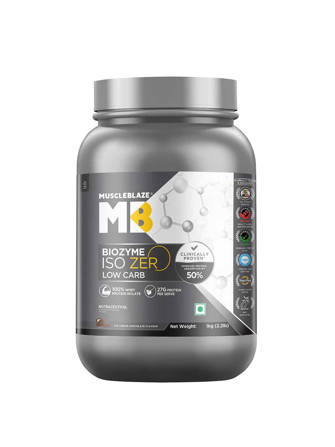 MuscleBlaze MuscleBlaze Biozyme Iso-Zero, 100% Pure Whey Protein Isolate-Ice Cream Chocolate - 1kg