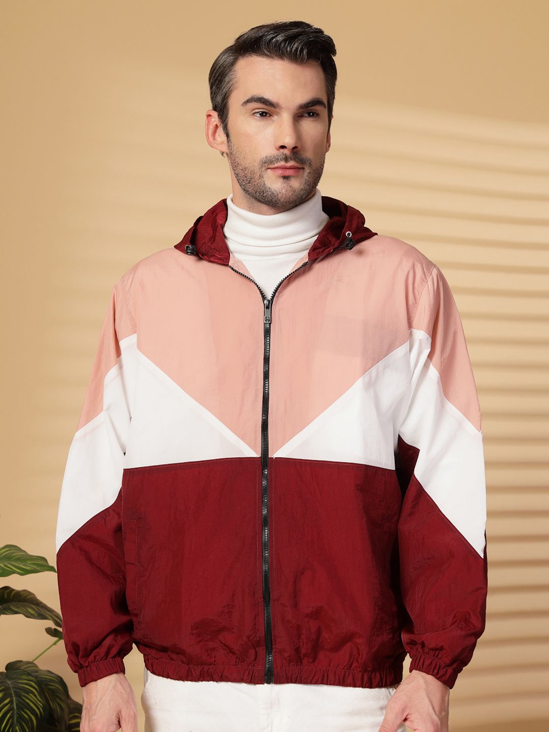 CHKOKKO Colourblocked Windcheater Hooded Bomber Jacket