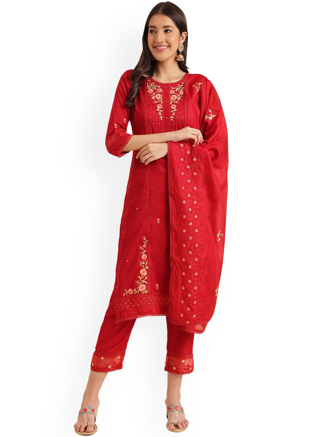 Nimayaa Women Red Floral Embroidered Regular Thread Work Kurta with Trousers & With Dupatta Price in India