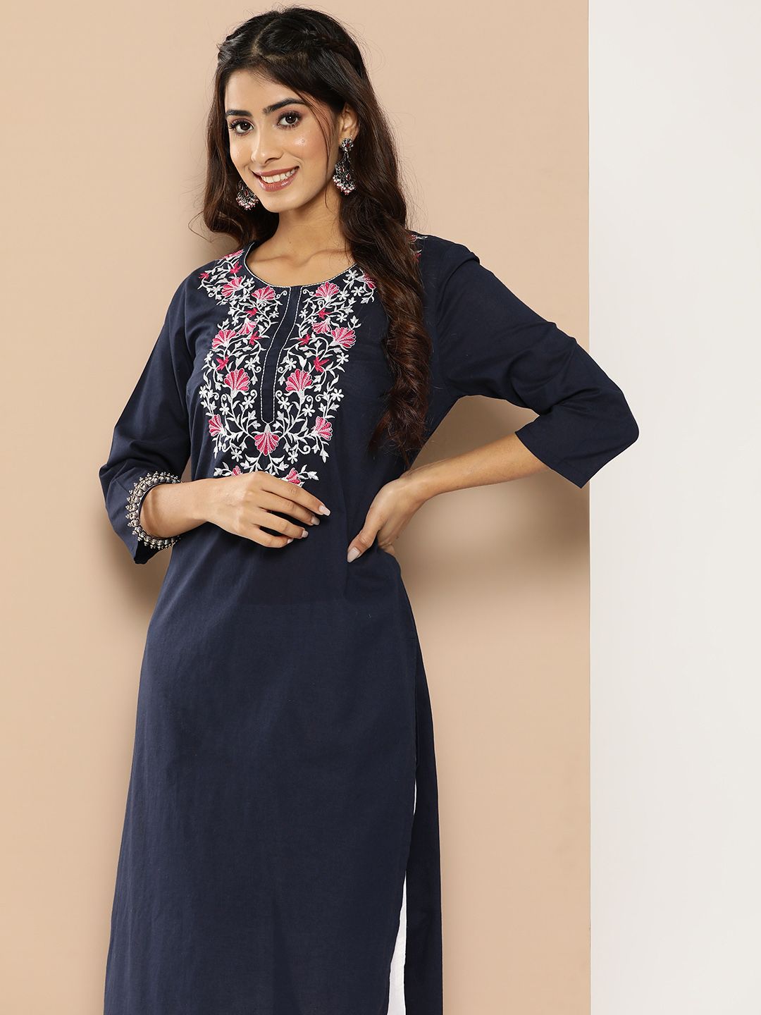 HERE&NOW Floral Embroidered Kantha Work Pure Cotton Kurta