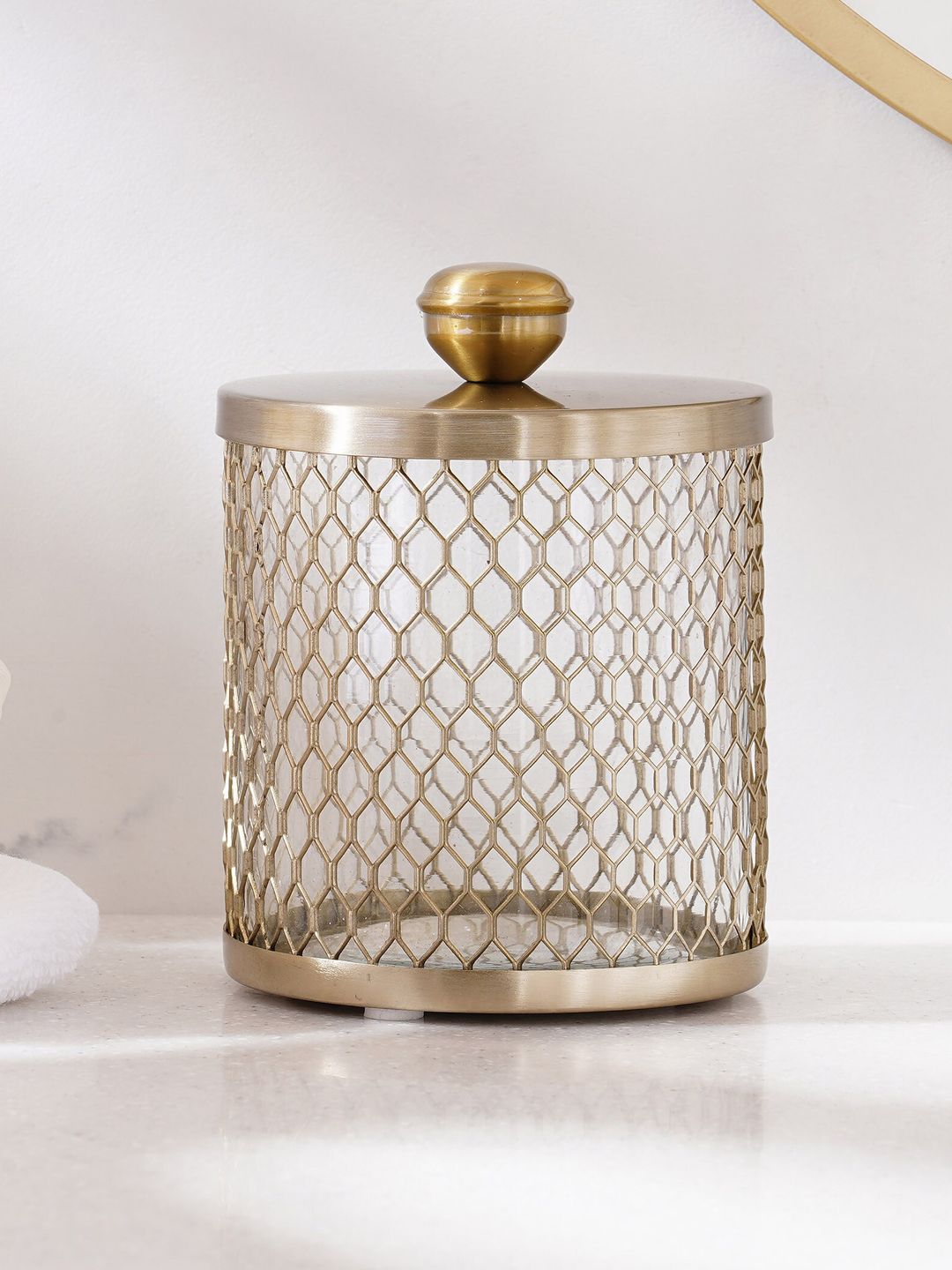 Home Centre Gold-Toned Panama Cage Glass Cotton Jar