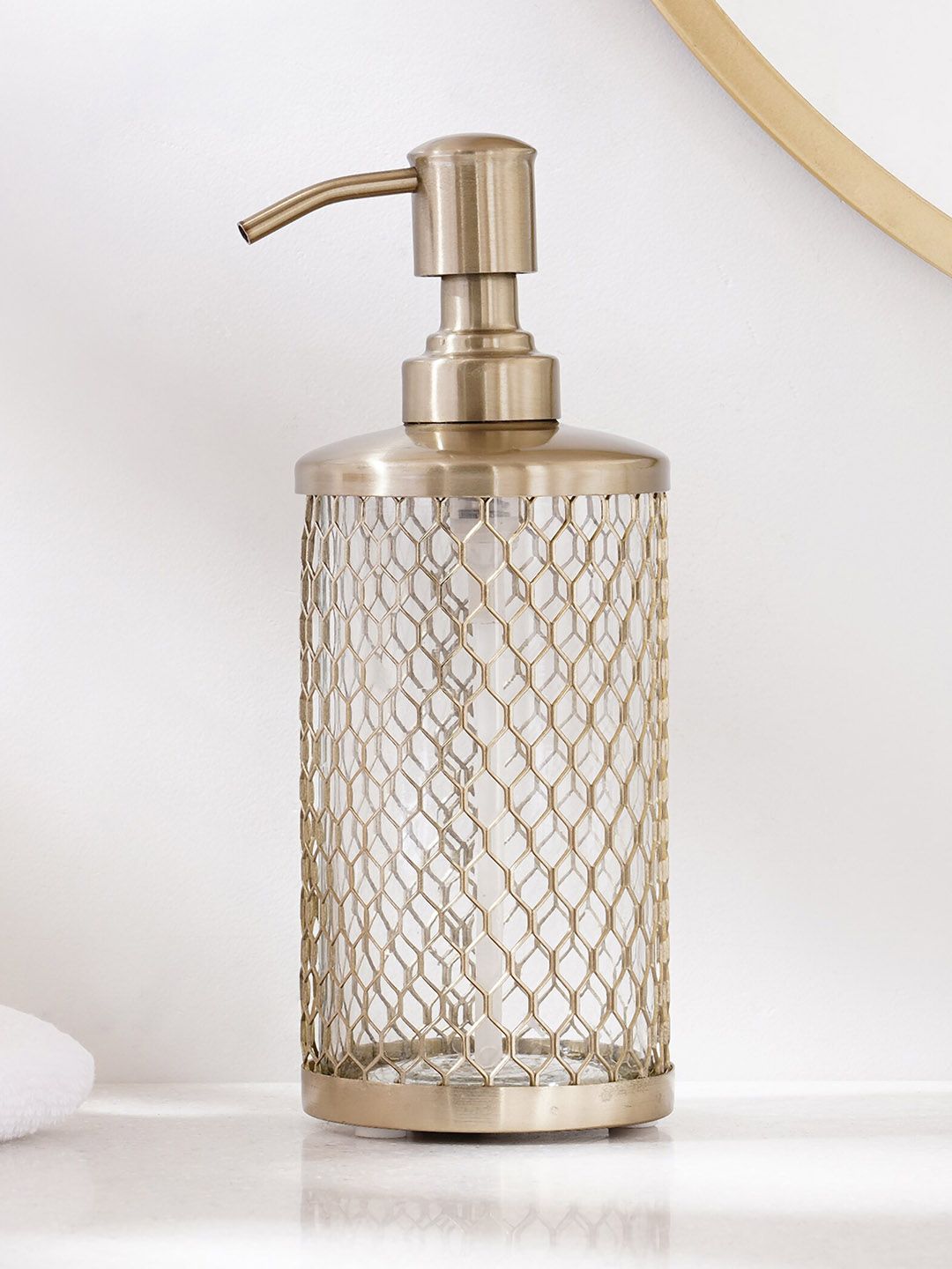 Home Centre Gold Toned Cage Glass Soap Dispenser 250 ml