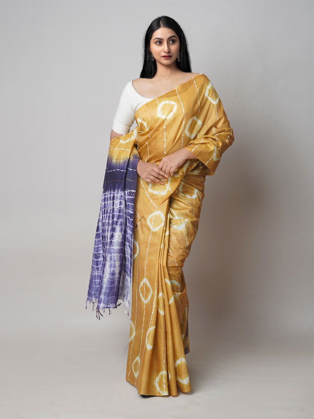 Unnati Silks Brown & Purple Tie and Dye Silk Cotton Leheriya Saree Price in India