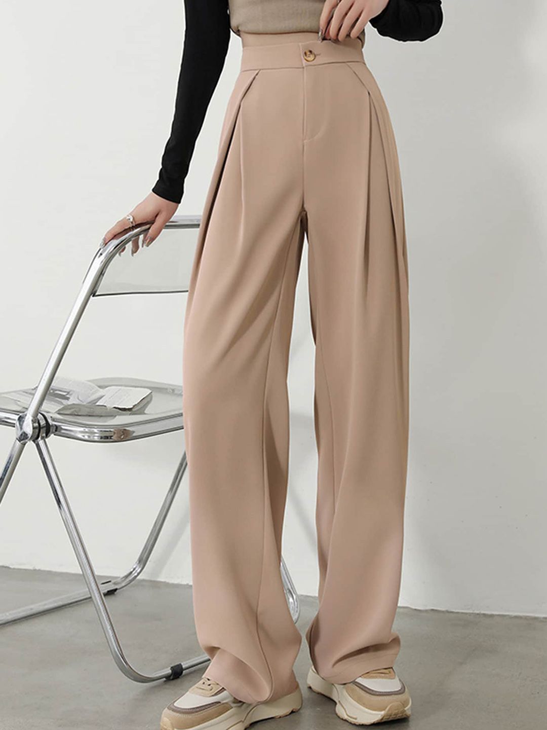 LULU & SKY Women Loose Fit High-Rise Pleated Parallel Trousers Price in India