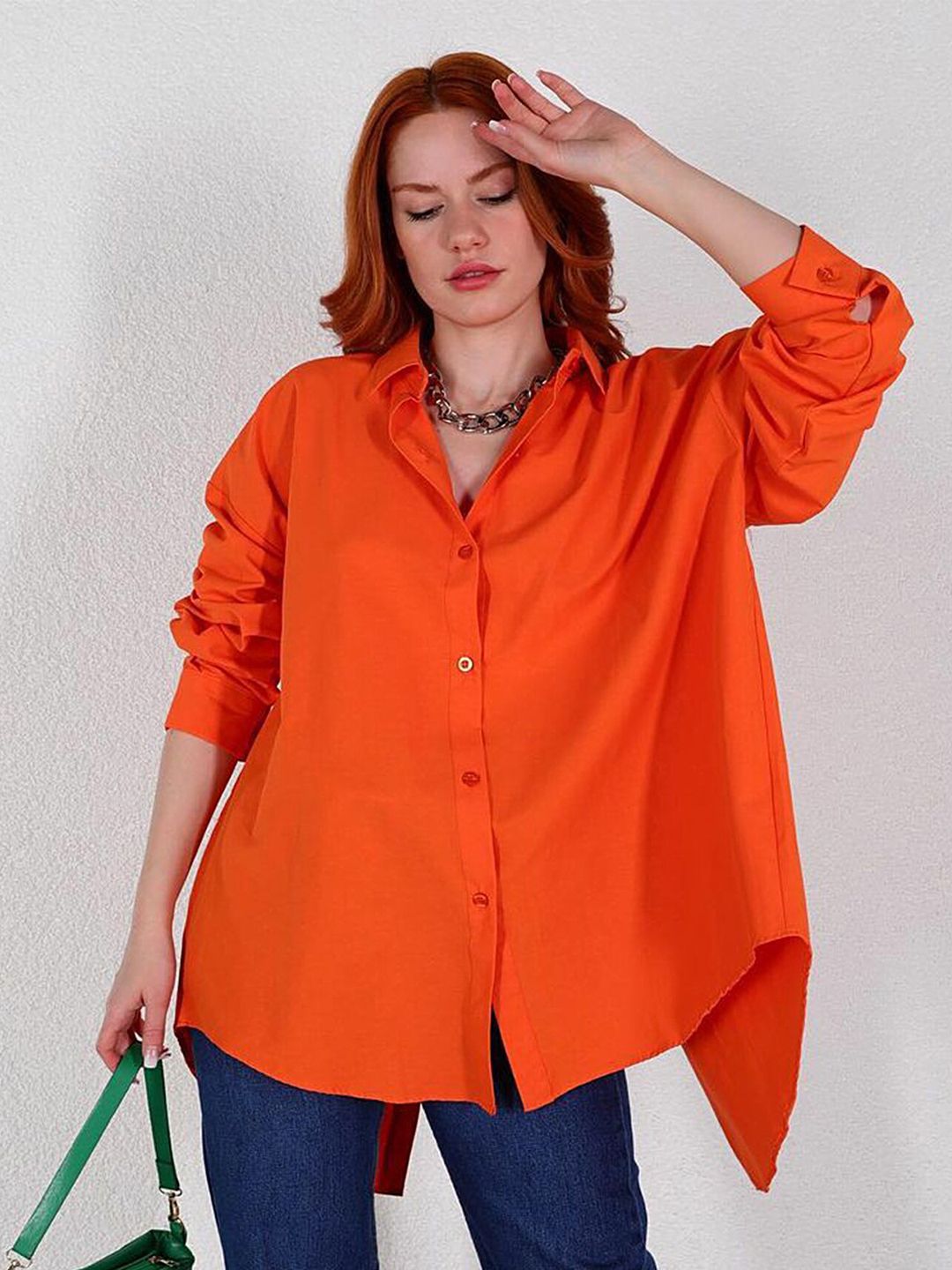 LULU & SKY Orange Roll-Up Sleeves Shirt Style Top Price in India