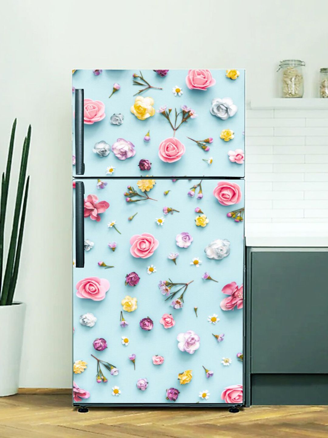 WallDaddy WallDaddy Turquoise Blue Floral Refrigerator Sticker