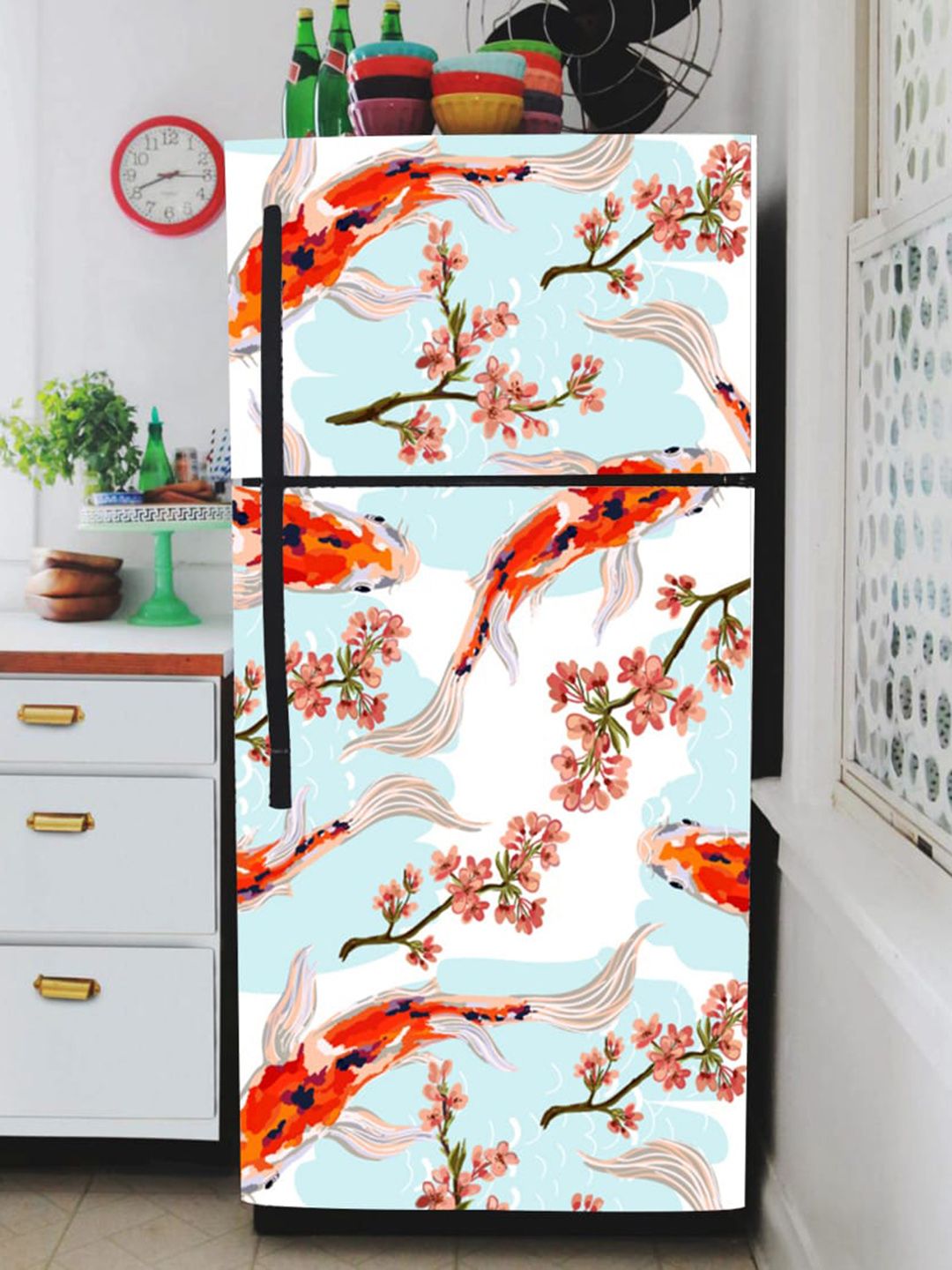 WallDaddy WallDaddy Blue & Red Floral-Printed Refrigerator Sticker