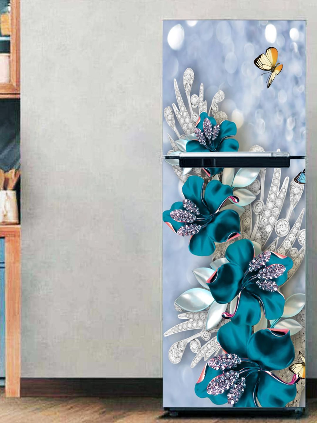 WallDaddy WallDaddy Grey & Blue Floral-Printed Refrigerator Sticker