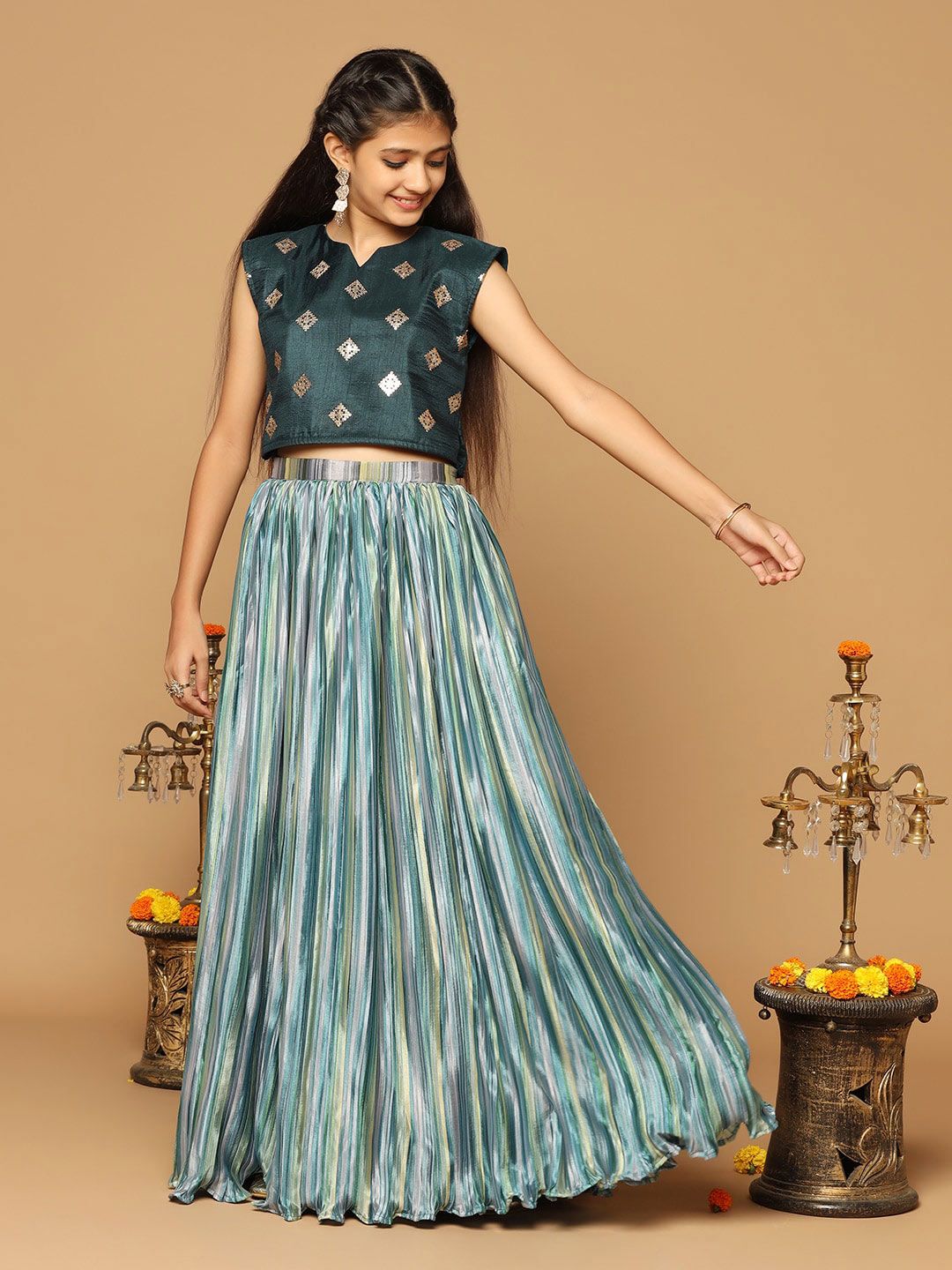 FASHION DREAM Girls Green & Gold-Toned Embroidered Ready to Wear Lehenga & Price in India
