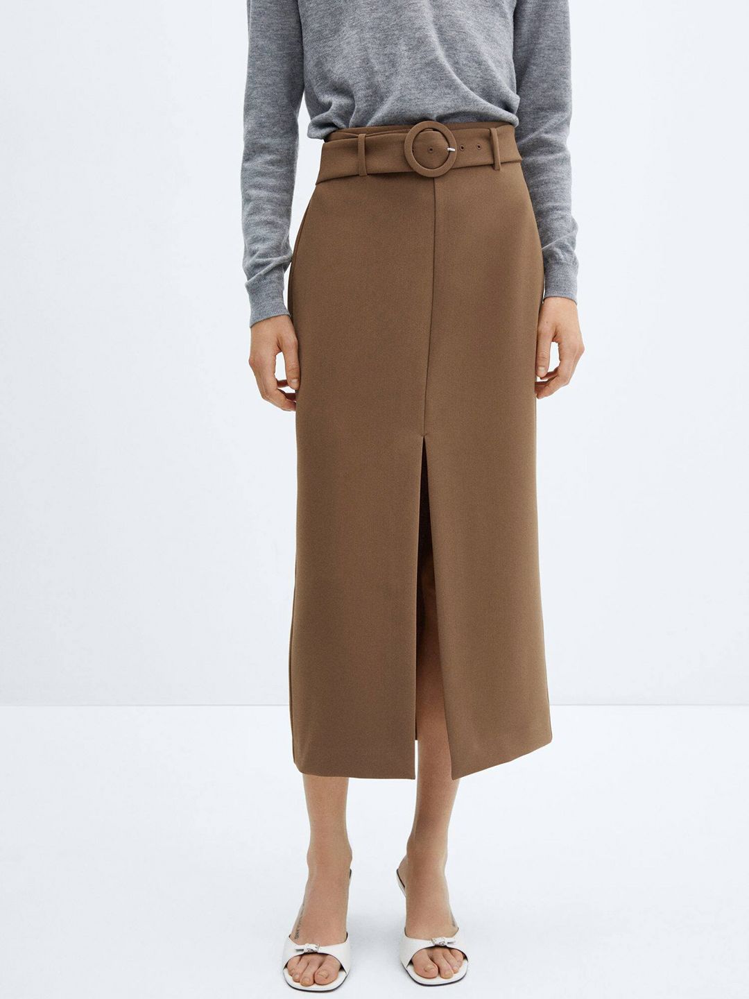 MANGO Front Slit Midi Straight Skirt with Belt Price in India