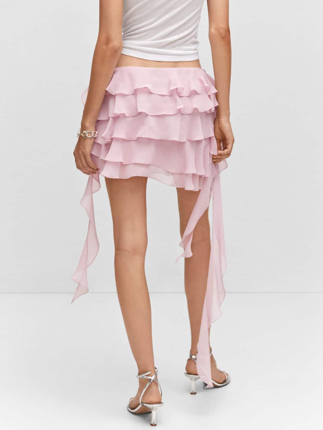 Low-Rise Ruffled & Fringed Detail Mini A-Line Chiffon Skirt