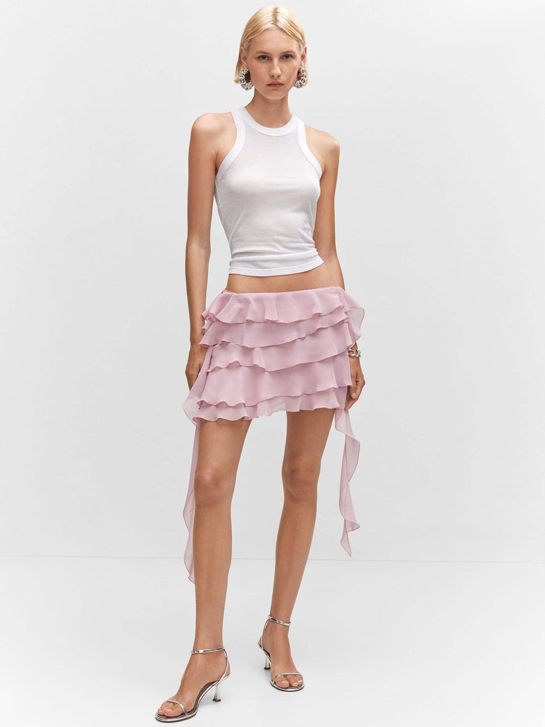 Low-Rise Ruffled & Fringed Detail Mini A-Line Chiffon Skirt