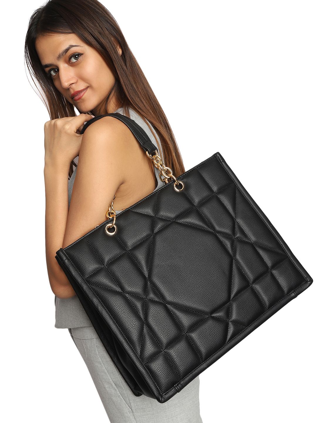 MINI WESST Textured Structured Tote Bag With Quilted Up To 16 Inch
