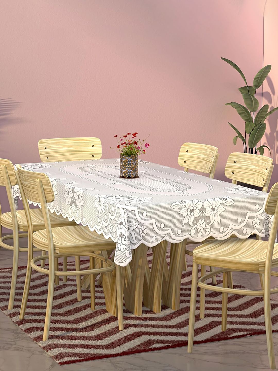 Kuber Industries White Self-Design Cotton 6-Seater Rectangular Table Cover