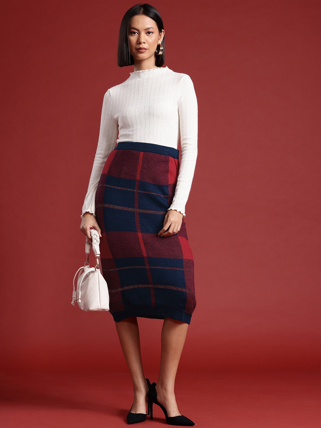 all about you Pure Acrylic Checked Midi Straight Skirt Price in India