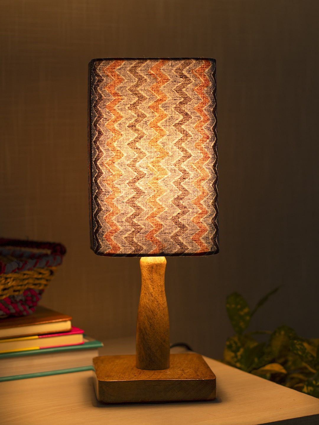 MARKET99 Warm Yellow Wood Cylinder Printed High Quality Electrical Table Lamps