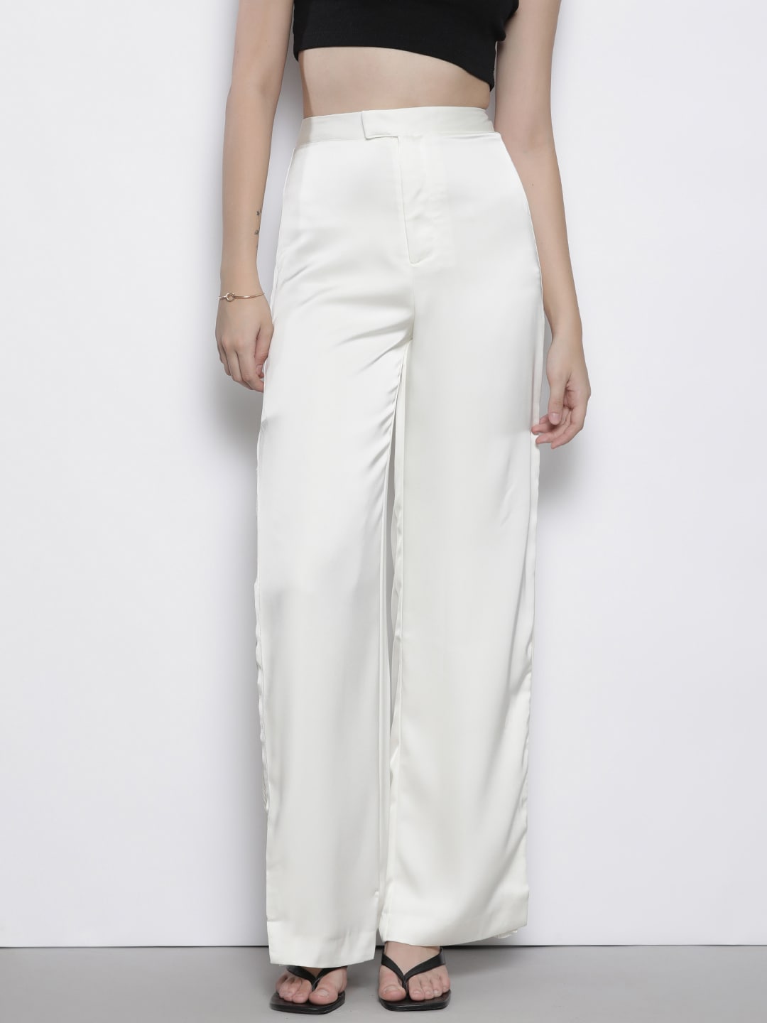 MISSPAP Women Plisse Satin-Finish Wide Leg Trousers Price in India