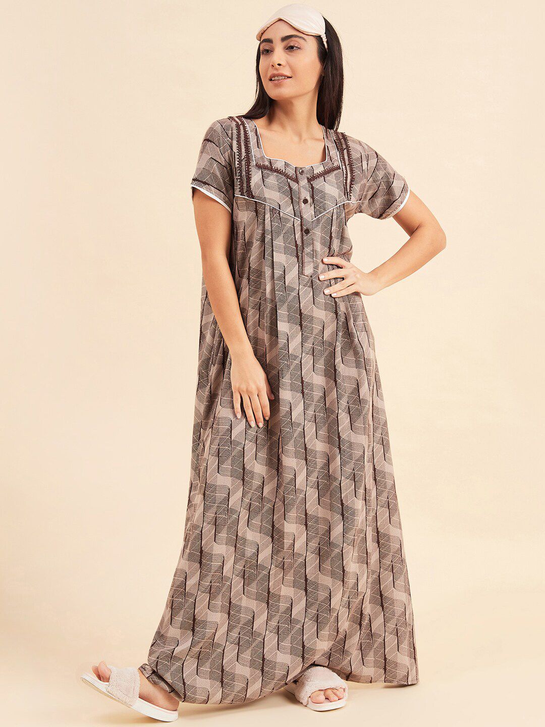 Sweet Dreams Sweet Dreams Brown Printed Pure Cotton Maxi Nightdress