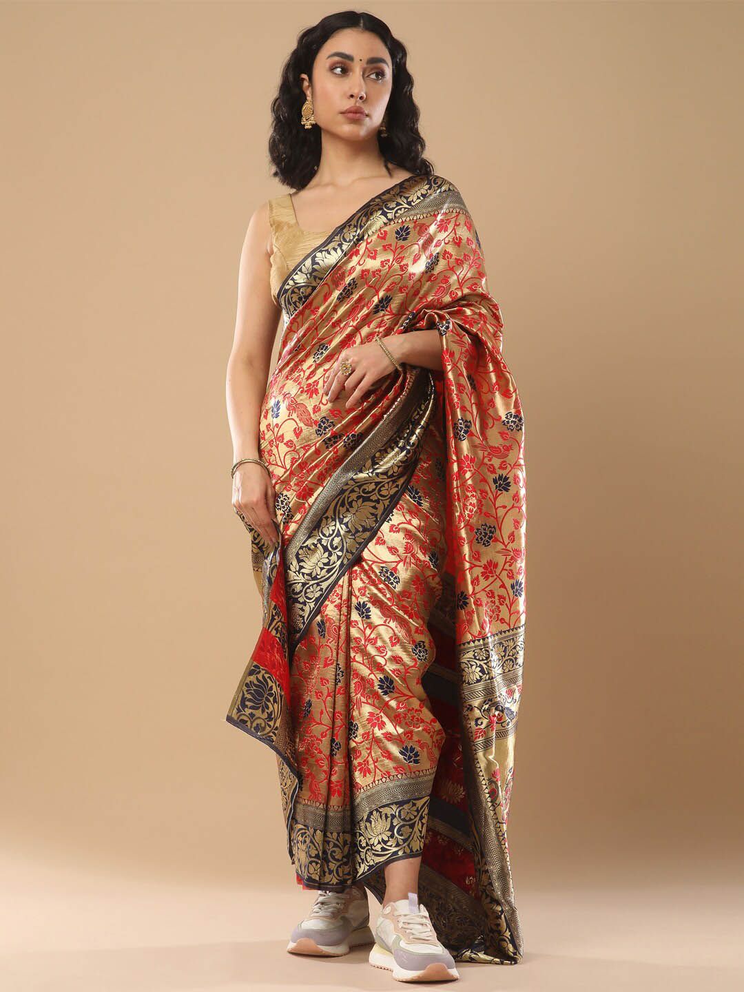 Mitera Red & Gold-Toned Woven Design Zari Silk Blend Banarasi Saree Price in India