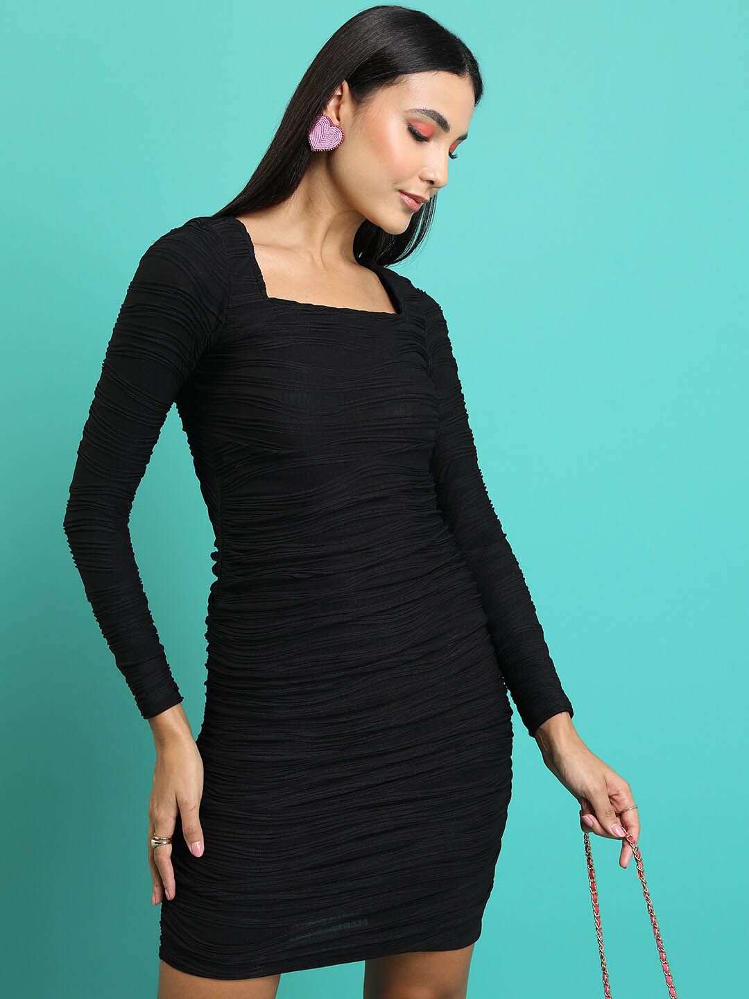 Tokyo Talkies Black Self Design Bodycon Mini Dress Price in India