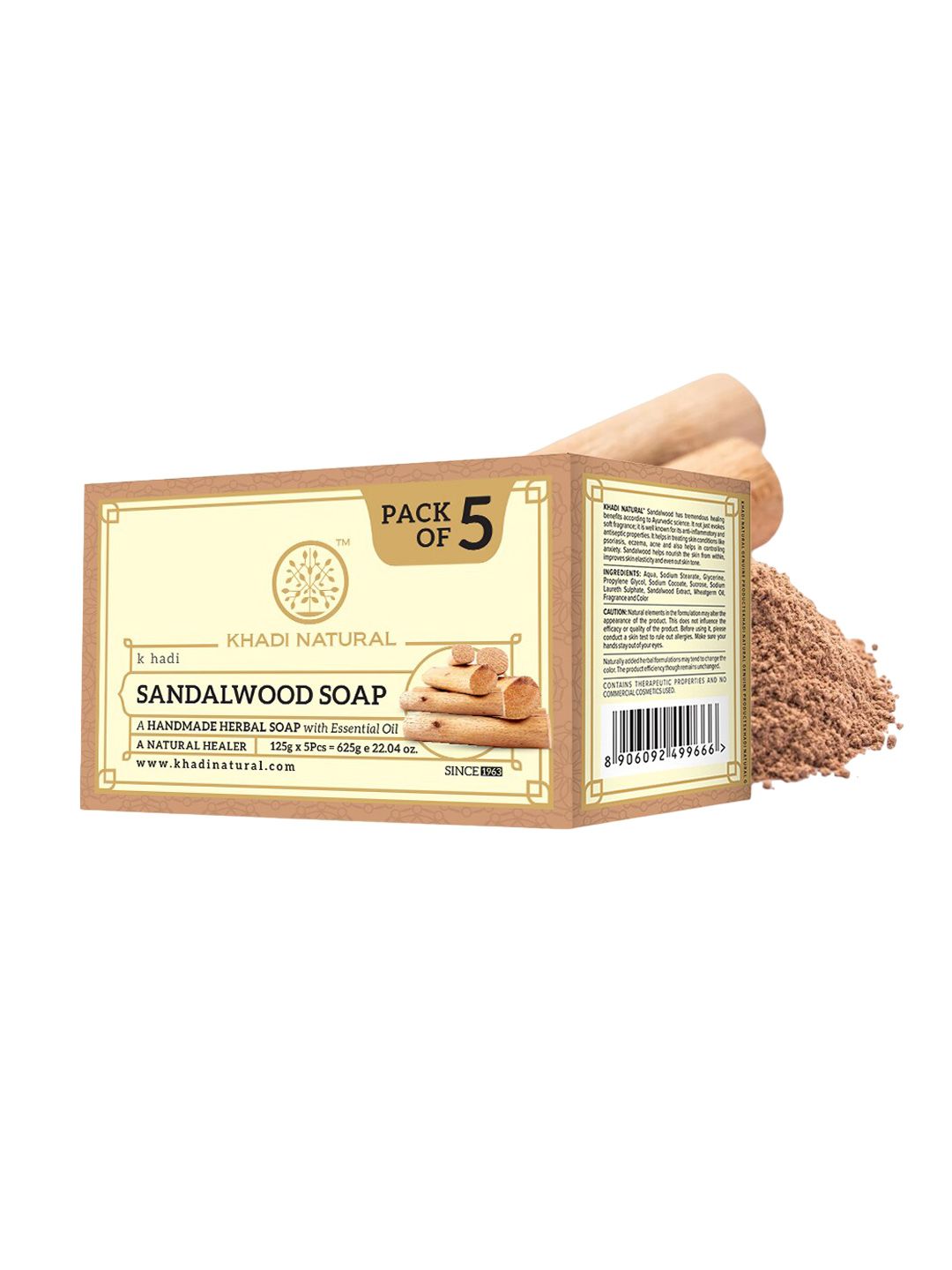 Khadi Natural Set of 5 Sandalwood Handmade Herbal Soap with Essential Oil - 125 g each