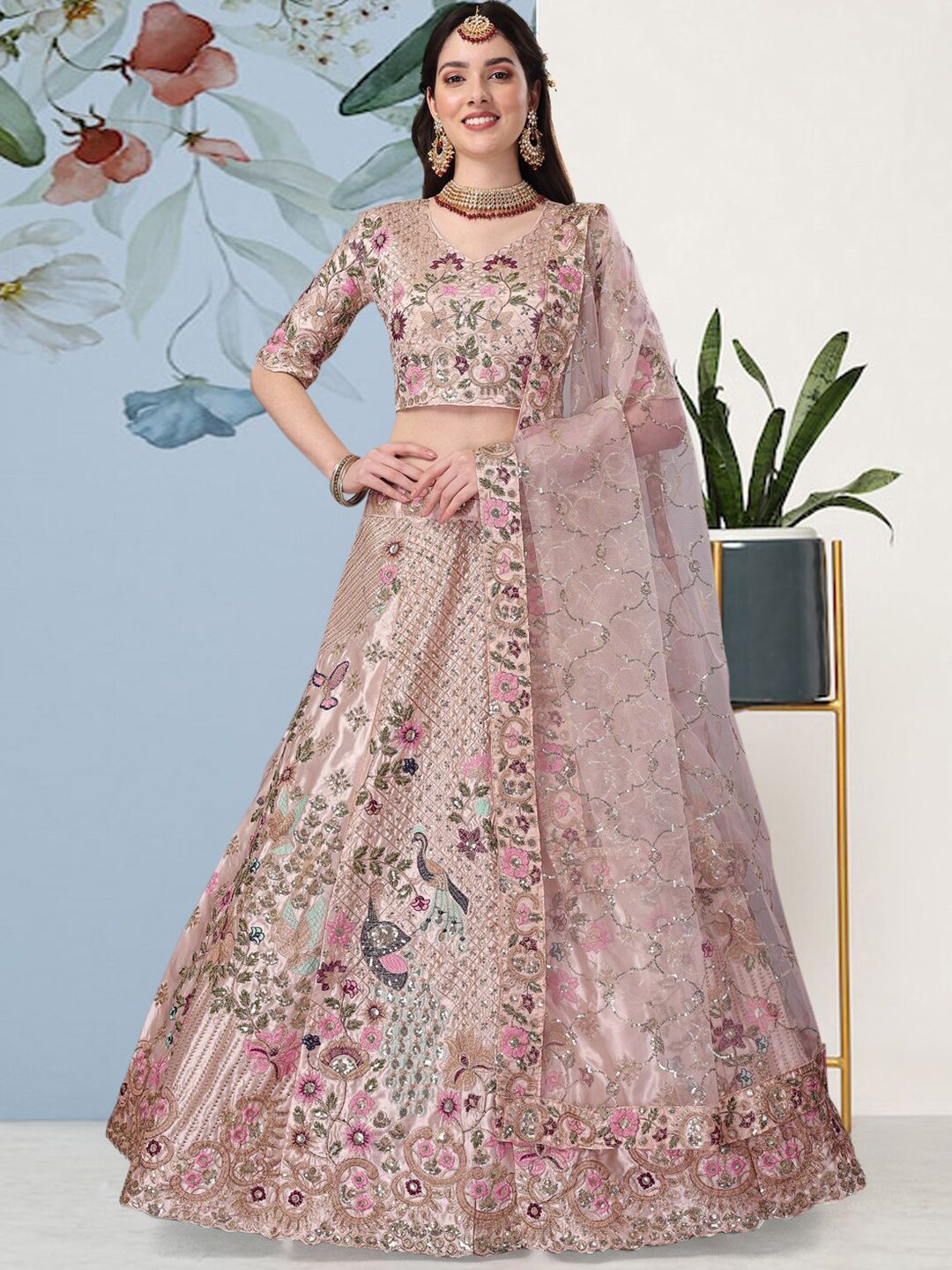 Angroop Cream-Coloured & Pink Embroidered Sequinned Semi-Stitched Lehenga & Unstitched Blouse With Dupatta Price in India