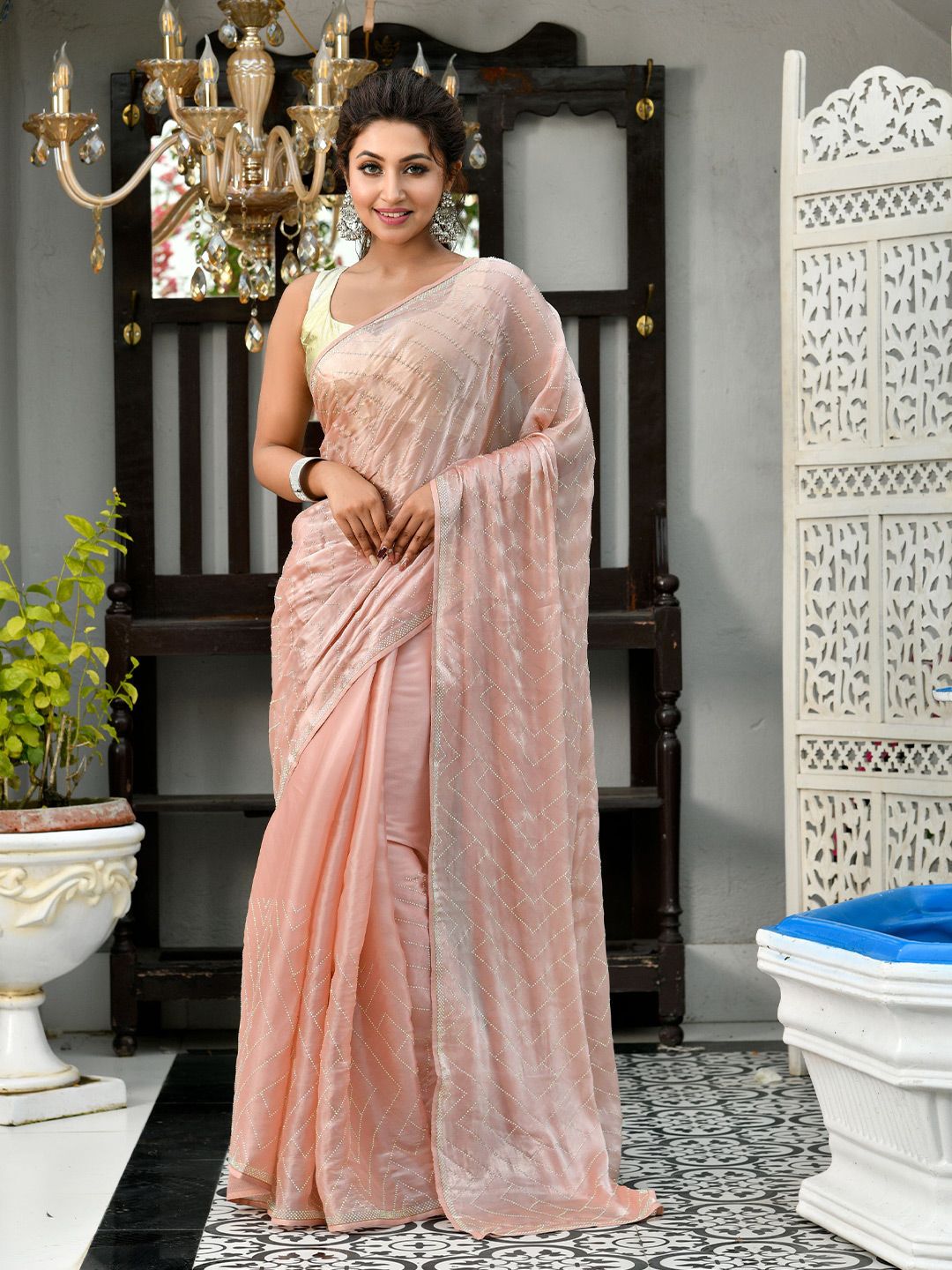 Disli Pink Embellished Beads and Stones Organza Saree Price in India