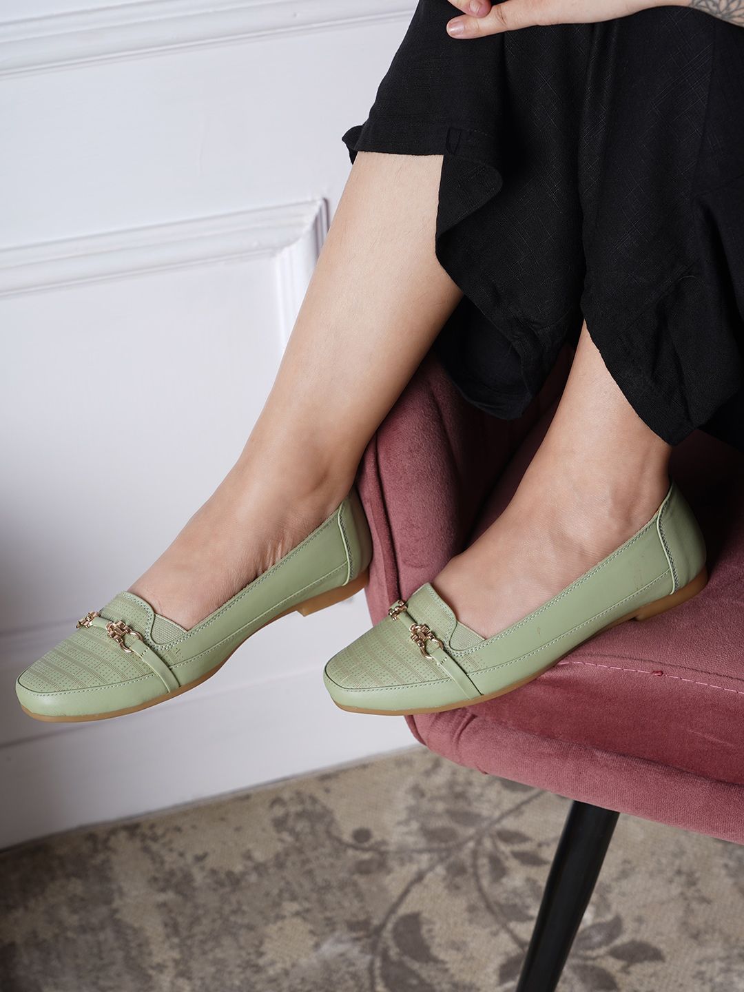 Mast & Harbour Green Embellished Textured Work Ballerinas